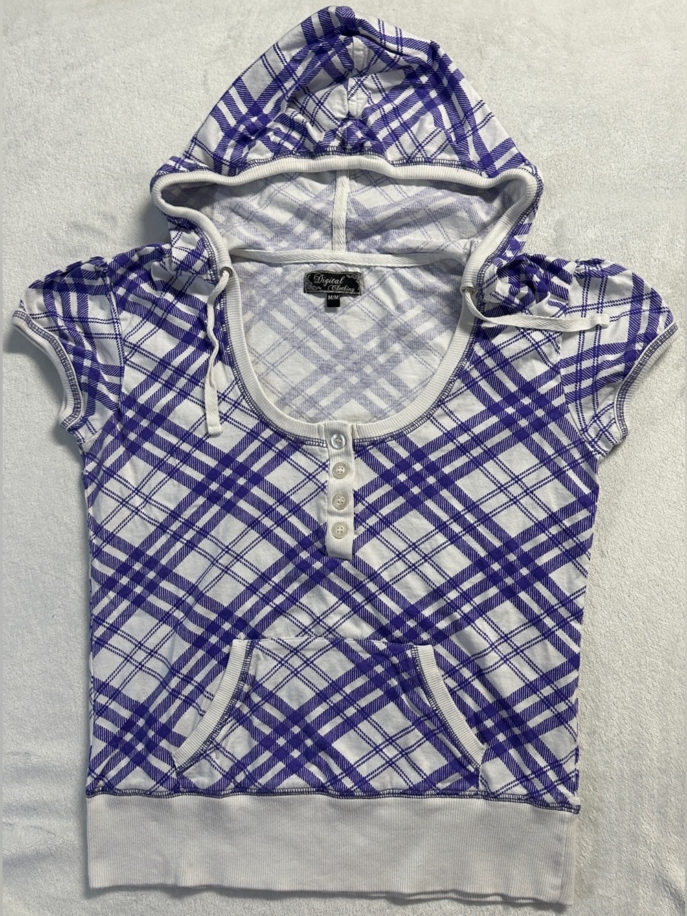 Y2K DIGITAL CLOTHING women's white purple plaid hoodie style tee, M.